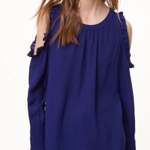 Ann Taylor LOFT Ruffled Blue Cold Shoulder Top